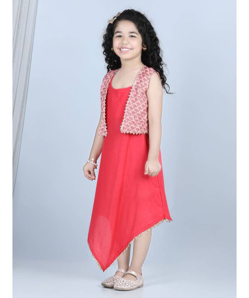 Pink long dress with a printed jacket