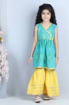 Green Lehriya Printed Kurti with Yellow Sharara