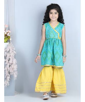Green Lehriya Printed Kurti with Yellow Sharara 1