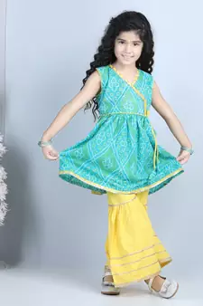 Green Lehriya Printed Kurti with Yellow Sharara