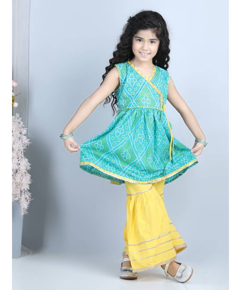 Green Lehriya Printed Kurti with Yellow Sharara