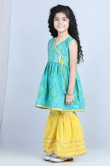Green Lehriya Printed Kurti with Yellow Sharara