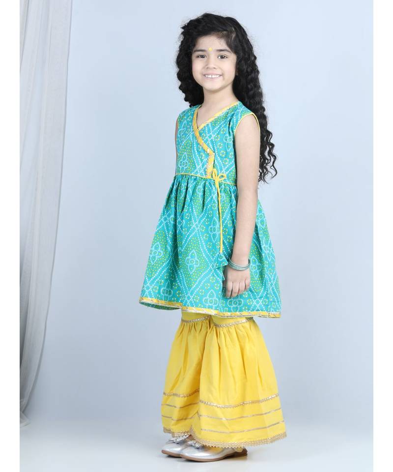 Green Lehriya Printed Kurti with Yellow Sharara