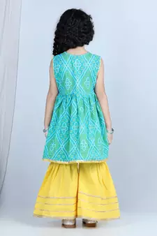 Green Lehriya Printed Kurti with Yellow Sharara