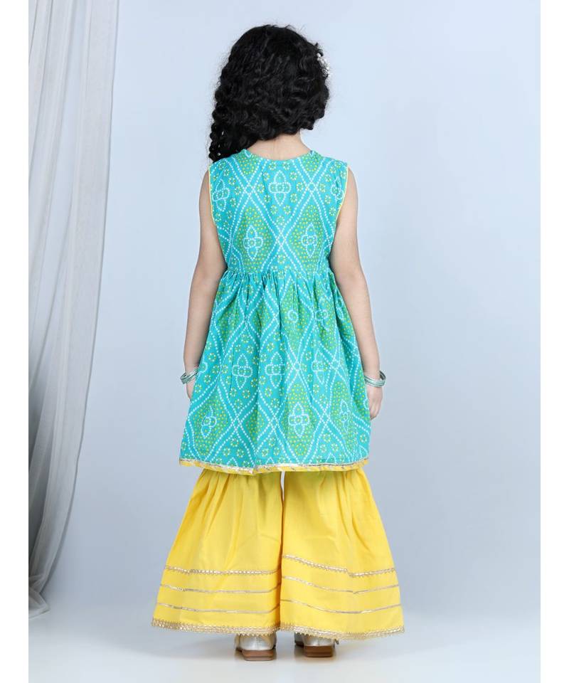 Green Lehriya Printed Kurti with Yellow Sharara