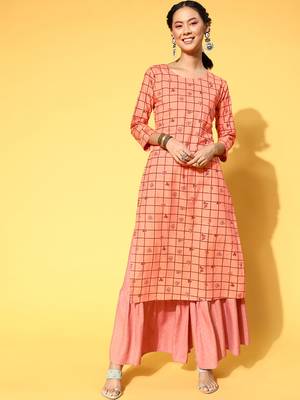 Peach Printed Cotton Party-Wear-Kurtis 1