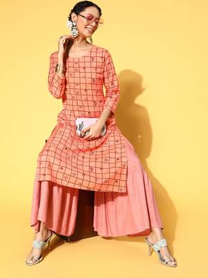 Peach Printed Cotton Party-Wear-Kurtis 3