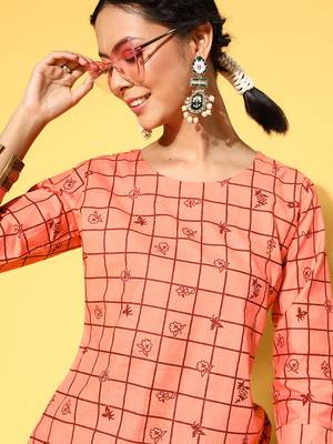 Peach Printed Cotton Party-Wear-Kurtis 5