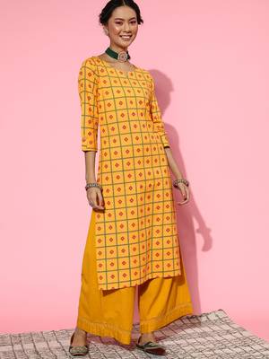 Mustard Printed Cotton Ethnic-Kurtis 1