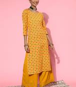 Mustard Printed Cotton Ethnic-Kurtis