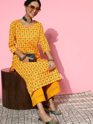 Mustard Printed Cotton Ethnic-Kurtis 3