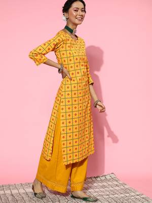 Mustard Printed Cotton Ethnic-Kurtis 4