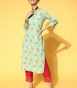 Light-Green Printed Cotton Party-Wear-Kurtis
