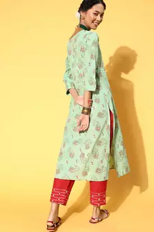 Light-Green Printed Cotton Party-Wear-Kurtis