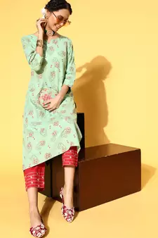 Light-Green Printed Cotton Party-Wear-Kurtis