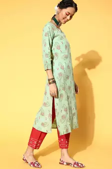 Light-Green Printed Cotton Party-Wear-Kurtis