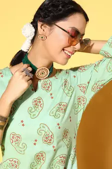 Light-Green Printed Cotton Party-Wear-Kurtis