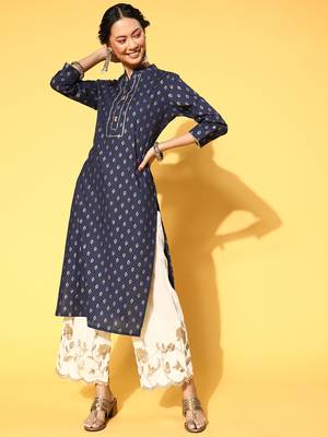 Navy-Blue Woven Cotton Kurtas-And-Kurtis 1