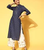 Navy-Blue Woven Cotton Kurtas-And-Kurtis