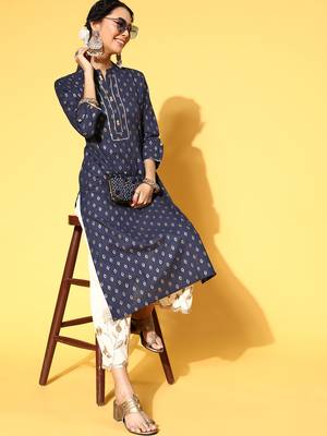 Navy-Blue Woven Cotton Kurtas-And-Kurtis 3