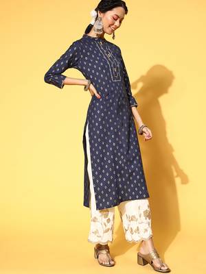 Navy-Blue Woven Cotton Kurtas-And-Kurtis 4