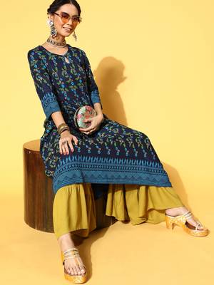 Navy-Blue Printed Rayon P y-Wear-Kurtis 3