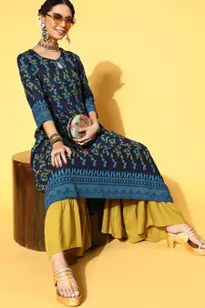 Navy-Blue Printed Rayon Party-Wear-Kurtis