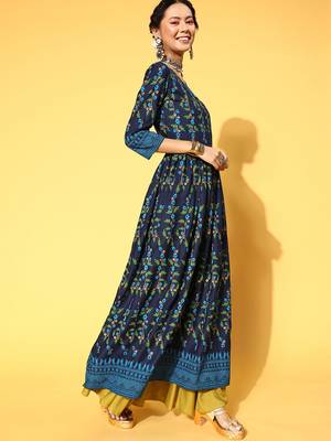 Navy-Blue Printed Rayon P y-Wear-Kurtis 4