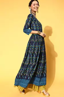 Navy-Blue Printed Rayon Party-Wear-Kurtis