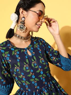 Navy-Blue Printed Rayon P y-Wear-Kurtis 5