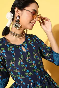 Navy-Blue Printed Rayon Party-Wear-Kurtis