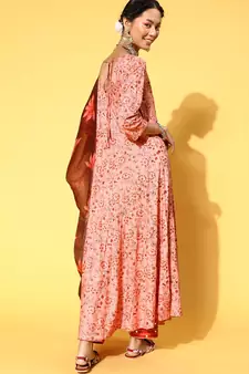 Peach Printed Rayon Kurtas-And-Kurtis