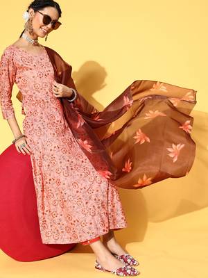 Peach Printed Rayon Kurtas-And-Kurtis 3