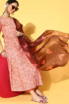 Peach Printed Rayon Kurtas-And-Kurtis