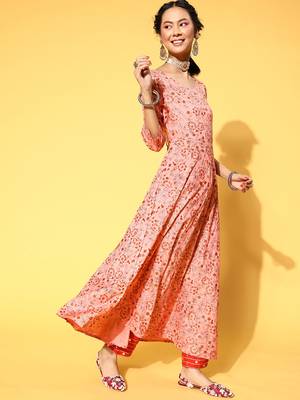 Peach Printed Rayon Kurtas-And-Kurtis 4