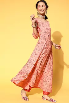 Peach Printed Rayon Kurtas-And-Kurtis
