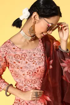 Peach Printed Rayon Kurtas-And-Kurtis