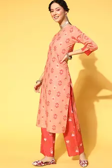 Peach Printed Cotton Party-Wear-Kurtis