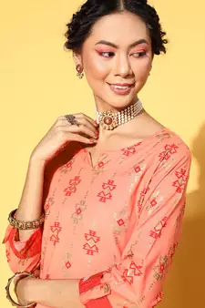 Peach Printed Cotton Party-Wear-Kurtis