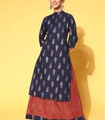 Navy-blue woven cotton long-kurtis