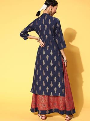 Navy-blue woven cotton long-kurtis 2