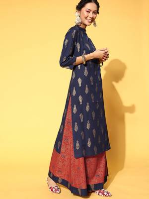 Navy-blue woven cotton long-kurtis 4