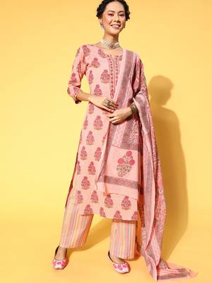 Peach Printed Cotton Ethnic-Kurtis 1