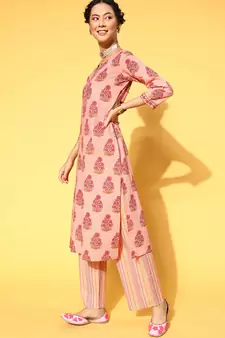 Peach Printed Cotton Ethnic-Kurtis