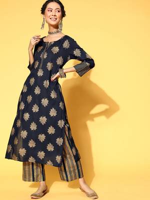 Navy-Blue Woven Rayon Heavy-Work-Kurtis 1
