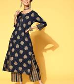 Navy-Blue Woven Rayon Heavy-Work-Kurtis