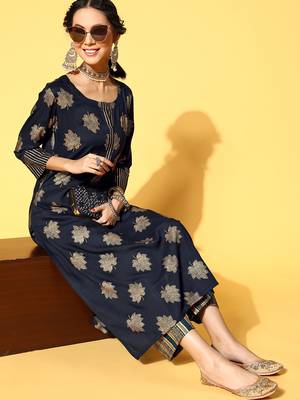 Navy-Blue Woven Rayon Heavy-Work-Kurtis 3