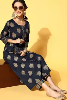 Navy-Blue Woven Rayon Heavy-Work-Kurtis