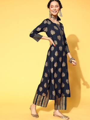Navy-Blue Woven Rayon Heavy-Work-Kurtis 4
