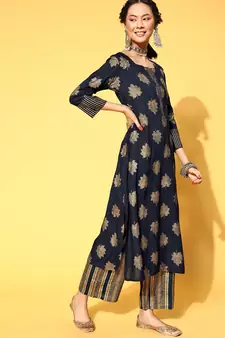 Navy-Blue Woven Rayon Heavy-Work-Kurtis